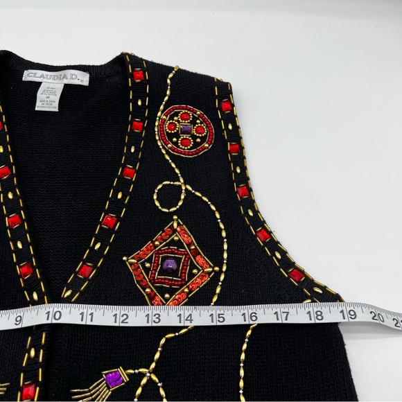 Vintage Claudia D Christmas Sweater Vest Black Embellished Beaded Size Medium - Picture 5 of 8